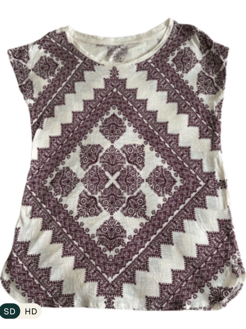 Lucky Brand Boho Medallion Print Tee | Size Small | Cream & Burgundy